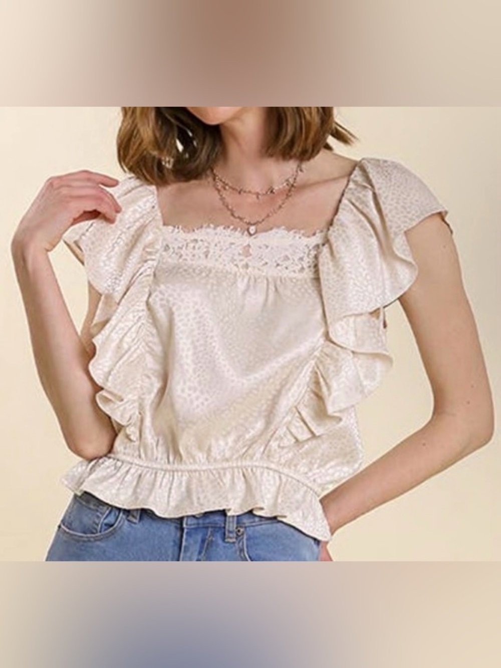 Umgee Lace Trim Ruffle Satin Top - Cream (L) Ptp 19.5”-20”